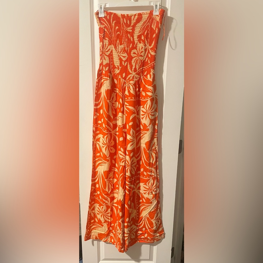 Orange Floral Strapless Maxi One piece with pockets